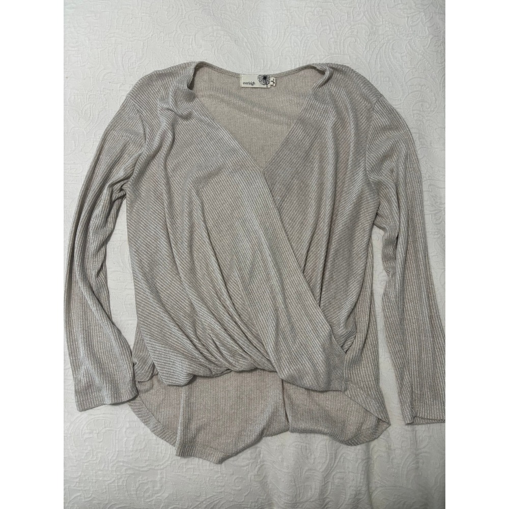Everleigh Womens Small Beige Ribbed Knit Long Sleeve Wrap Front Top BE18431RK